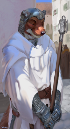 2020 anthro armor belt blush chainmail chunie city clothed clothing detailed_background digital_media_(artwork) eyes_closed fur furgonomics headgear helmet hi_res holding_object holding_staff male mammal mustela mustelid musteline outside public robe smile solo staff standing true_musteline // 695x1280 // 353.2KB
