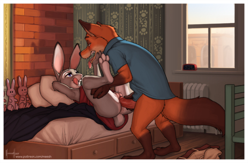 2017 anthro balls bedding blanket bottomless canid canine clock clothed clothing digital_media_(artwork) doll duo erection female female_penetrated fox genitals hi_res humanoid_genitalia humanoid_penis interspecies judy_hopps lagomorph leporid licking licking_lips lying male malefemale male_penetrating male_penetrating_female mammal meesh nick_wilde no_underwear on_back penetration penile penile_penetration penis penis_in_pussy pillow rabbit self_lick sex shirt standing table_lotus_position text tongue tongue_out topwear url vaginal vaginal_penetration window // 1750x1150 // 1.8MB
