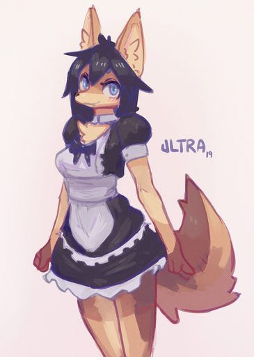 2019 anthro apron black_hair black_nose blue_eyes breasts brown_body brown_fur canid canine canis choker clothing dress female fur hair hi_res jackal jewelry maid_uniform mammal necklace simple_background smile solo ultrabondagefairy uniform white_background xenon_archer // 892x1250 // 342.4KB
