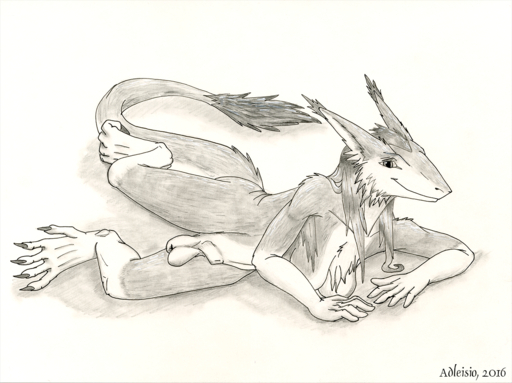 2016 adleisio animal_genitalia anthro balls biped breasts claws english_text fully_sheathed fur genitals gynomorph hair intersex long_hair looking_at_viewer lying monochrome nude on_side sergal sheath signature simple_background sketch smile solo storm_(stormblazer) text toe_claws traditional_media_(artwork) tuft white_background // 1280x957 // 5.2MB