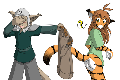 2011 ? anthro armor basitin blush bottomless bottomwear brown_hair butt casual_exposure clothed clothing conditional_dnp covering covering_eyes covering_face duo embarrassed felid female flora_(twokinds) fur hair headgear helmet keidran keith_keiser long_hair male mammal orange_body orange_fur pantherine pants shirt simple_background tiger tom_fischbach topwear twokinds webcomic webcomic_character white_background white_body white_fur yellow_eyes // 950x634 // 168.0KB