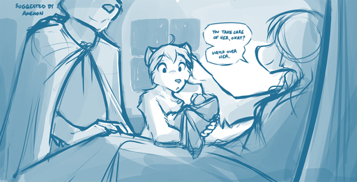 2017 anthro baby bed blue_and_white brother canid canine canis cape clothed clothing conditional_dnp cub daughter family father female furniture group keidran leaning lying male mammal monochrome mother natani on_bed parent sibling sister sitting sketch smile son tom_fischbach topless twokinds webcomic webcomic_character wolf young zen_(twokinds) // 1200x614 // 497.8KB