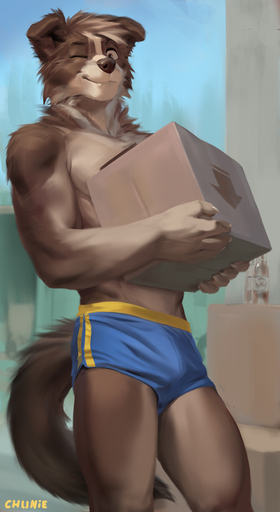 2022 anthro athletic bottomwear box bulge canid canine canis cardboard cardboard_box cardboard_container chunie clothed clothing container detailed_background digital_media_(artwork) domestic_dog hi_res holding_object looking_at_viewer male mammal outside shorts solo standing topless // 701x1280 // 312.0KB