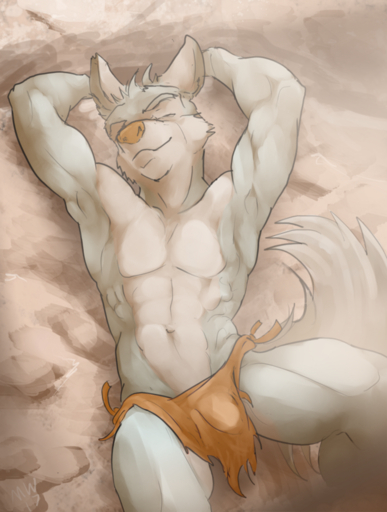 2017 abs anthro biceps bottomwear bulge canid canine canis clothed clothing desert domestic_dog eyes_closed husky loincloth male mammal marsonaut muscular muscular_anthro muscular_male nordic_sled_dog nude pecs relaxing resting sand simple_background smile solo spitz sunbathing topless // 680x900 // 707.6KB