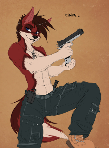 2014 abs anthro athletic bad_trigger_discipline biceps biped blue_eyes brown_hair canid canine canis clothed clothing colt_1911 colt_1911_custom cynfall digital_media_(artwork) fluff-kevlar fur gun hair jewelry knife m1911_pistol male mammal multicolored_body multicolored_fur muscular muscular_anthro necklace ranged_weapon red_body red_fur smile solo standing teenager topless two_tone_body two_tone_fur weapon white_body white_fur wolf young // 700x942 // 551.8KB