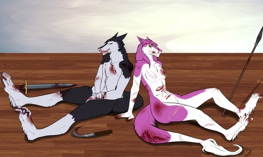 2014 5:3 anthro black_body black_fur blood bodily_fluids breasts chest_tuft claws cyiakanami duo featureless_breasts female fight fur green_eyes kika_(character) looking_back mammal melee_weapon multicolored_body multicolored_fur pink_body pink_fur polearm sergal simple_background sitting smile spear sword tail_tuft toe_claws tools tuft two_tone_body two_tone_fur weapon white_body white_fur wounded // 1280x768 // 179.8KB