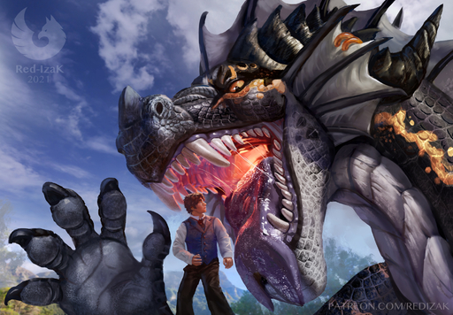 ambiguous_gender bodily_fluids claws detailed_background digital_media_(artwork) dragon duo fangs feral glowing hi_res horn human imminent_vore male mammal mouth_shot open_mouth outside paws red-izak saliva scalie size_difference sky teeth tongue tongue_out // 2000x1391 // 1.6MB