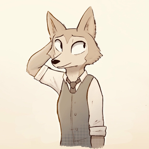 1:1 anthro beastars black_nose canid canine canis cheek_tuft clothed clothing enginetrap facial_tuft front_view half-length_portrait hi_res inner_ear_fluff legoshi_(beastars) looking_away male mammal portrait shirt simple_background solo tan_background topwear tuft wolf // 1250x1250 // 95.6KB