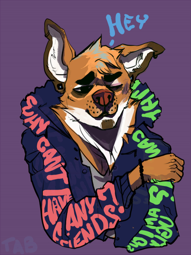 anthro canid canine clothed clothing dialogue english_text fur grungecandy hair looking_at_viewer male mammal one_eye_closed smile solo text // 500x666 // 242.1KB