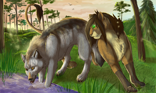 5:3 araivis-edelveys black_nose brown_hair brown_nose canid canine canis day detailed_background digital_media_(artwork) duo felid feral fur grass green_eyes grey_body grey_fur hair lion mammal outside pantherine plant smile standing tan_body tan_fur water wolf yellow_eyes // 1000x600 // 414.7KB
