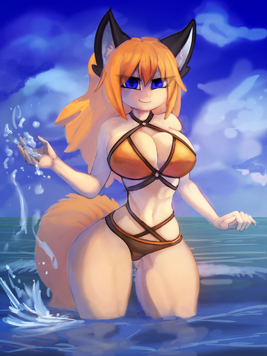 3:4 animal_humanoid big_breasts blonde_hair blue_eyes breasts canid canid_humanoid clothing cloud day female general-irrelevant hair hi_res humanoid looking_at_viewer mammal mammal_humanoid navel nekonny_(fursona) outside smiel smile solo swimwear water wide_hips // 1080x1440 // 712.1KB