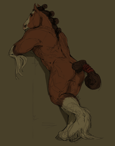 2017 anthro biped black_mane black_tail blaze_(marking) brown_background brown_body brown_fur butt clydesdale conditional_dnp digital_media_(artwork) draft_horse equid equine facial_markings feathering full-length_portrait fur grey_hooves head_markings hooves horse leaning leaning_forward looking_at_viewer looking_back male mammal mane markings multicolored_body multicolored_fur muscular muscular_anthro muscular_male nude oouna portrait rannik rear_view simple_background sketch snout solo tailband two_tone_body two_tone_fur white_body white_fur white_markings // 900x1140 // 3.0MB