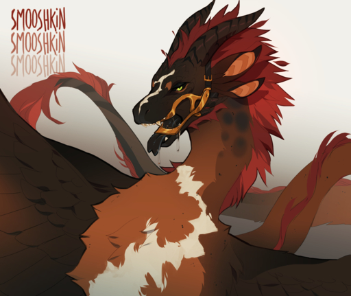 black_sclera bodily_fluids dragon drooling feathered_wings feathers fur furred_dragon hair horn long_tail multi_ear open_mouth pupils saliva slit_pupils smooshkin solo teeth tongue tongue_out wings // 1280x1078 // 752.1KB