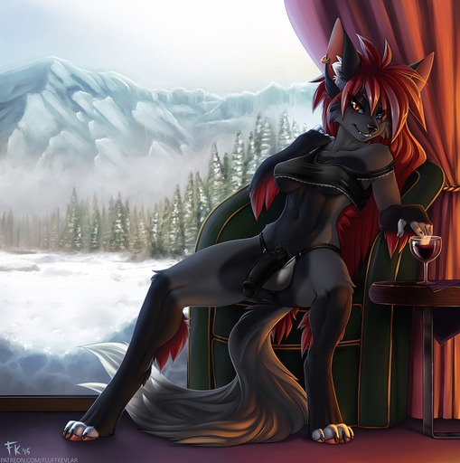 2015 alcohol amazing_background anthro balls beverage biped black_body black_fur black_nose black_penis blue_eyes breasts canid canine chair claws clothed clothing detailed_background ear_piercing fluff-kevlar forest fur furniture genitals grey_body grey_fur gynomorph hair half-erect heterochromia humanoid_genitalia humanoid_penis intersex mammal mountain off_shoulder panties partially_clothed penis piercing plant poking_out red_hair scar snow solo spread_legs spreading talia_(fluff-kevlar) toe_claws tree under_boob underwear vein veiny_penis wine yellow_eyes // 997x1002 // 297.6KB