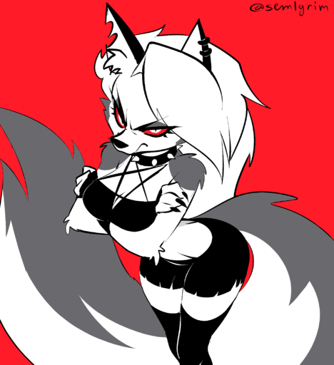 anthro breasts canid canid_demon clothed clothing collar demon ear_piercing female fur grey_body grey_fur grumpy hellhound helluva_boss hi_res looking_at_viewer loona_(vivzmind) mammal piercing red_sclera sem-l-grim simple_background solo spiked_collar spikes white_body white_fur // 2007x2195 // 69.4KB