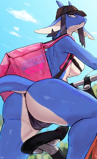absurd_res anthro bicycle biped blue_body buta99 camel_toe clothing detailed_background female fish hat headgear headwear hi_res looking_back marine mostly_nude pupils rear_view shark slit_pupils solo solo_focus white_body // 2511x4096 // 668.3KB