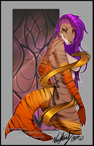 absurd_res anthro areola black_border border breasts female fin fish hair hi_res marine non-mammal_breasts pink_hair shark smile solo standing striped_body striped_skin stripes text tigger_(vexstacy) url vexstacy // 2577x4000 // 1.3MB