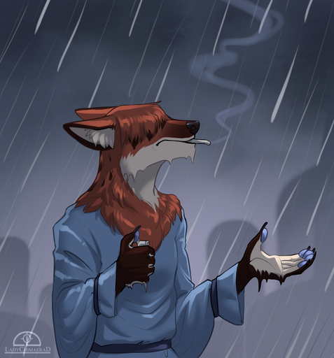 2017 ambiguous_gender anthro biped black_nose canid canine canis cigarette clothed clothing digital_media_(artwork) fur hi_res holding_object ladychimaera lighter mammal outside raining robe sky smoking solo standing wet wet_body wet_fur wolf // 1190x1278 // 942.1KB
