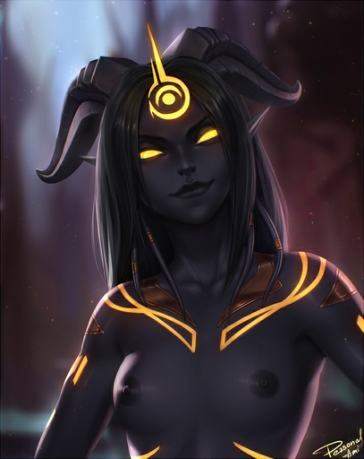 areola black_areola black_hair black_lips black_nipples breasts chromatic_aberration collarbone dark_areola dark_nipples digital_media_(artwork) draenei female glowing glowing_eyes glowing_markings hair horn humanoid humanoid_pointy_ears jewelry lightforged_draenei lips looking_at_viewer markings nipples not_furry personalami shaded small_breasts soft_shading solo tentacle_ring tentacles video_games yellow_eyes // 715x900 // 218.5KB