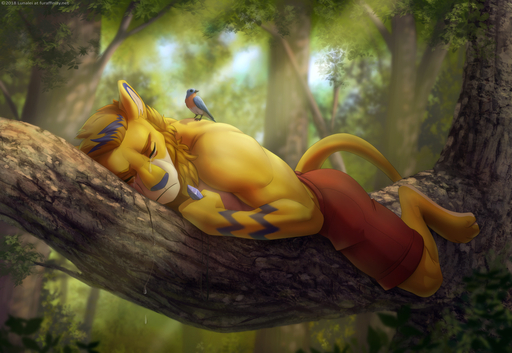 2018 4_toes anthro avian barefoot bird blonde_hair bodily_fluids branch clothed clothing crying day detailed_background digital_media_(artwork) duo feet felid feral forest fur hair in_tree lion lunalei lying male mammal muscular muscular_male on_branch on_front outside pantherine plant sad tears toes topless tree yellow_body yellow_fur // 1000x690 // 430.6KB