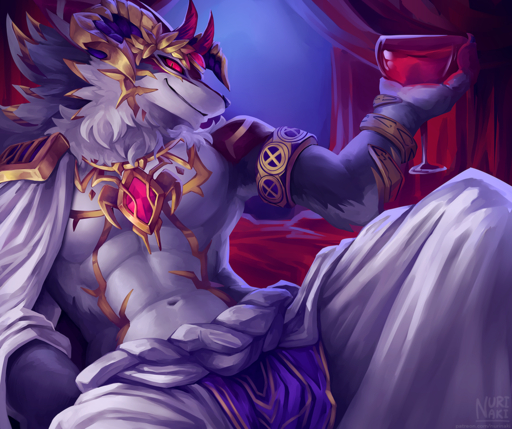 alcohol anthro armlet bael_(tas) bed beverage bracelet canid canine canis clothed clothing container cup demon drinking_glass fur furniture glass glass_container glass_cup grey_body grey_fur horn inside jackal jewelry looking_at_viewer male mammal midriff multicolored_body multicolored_fur muscular muscular_anthro muscular_male navel neck_tuft necklace nurinaki on_bed reclining red_eyes sitting smile solo tuft two_tone_body two_tone_fur video_games white_body white_fur wine wine_glass // 1100x922 // 1.3MB