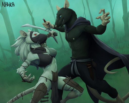 5:4 5_fingers anthro blue_eyes bottomwear clothed clothing day detailed_background female fingers forest fur grass hair ink-eyes loincloth mammal murid murine nawka nezumi_(magic:_the_gathering) outside plant rat rodent tree white_body white_fur white_hair // 1250x1000 // 1.0MB