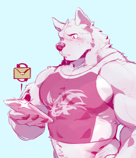 2016 anthro biceps blush canid canine canis cellphone clothed clothing fur male mammal muscular muscular_anthro muscular_male null-ghost pecs phone shirt simple_background solo tank_top topwear white_background white_body white_fur wolf // 781x911 // 505.0KB