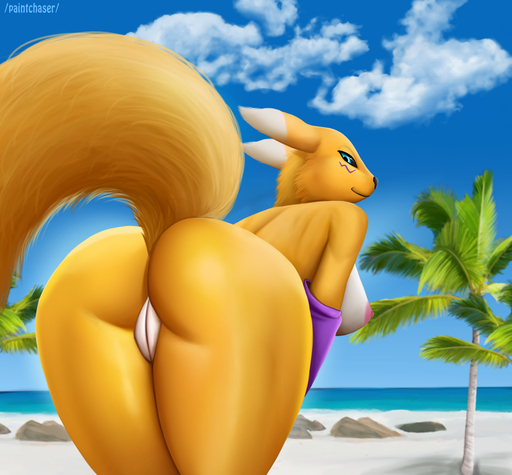 2020 anthro bandai_namco beach black_nose breasts butt butt_focus canid cloud day detailed_background digimon digimon_(species) female fur genitals hi_res mammal nipples paintchaser palm_tree plant pussy renamon sand sea seaside smile solo tree water yellow_body yellow_fur // 1488x1381 // 1.5MB