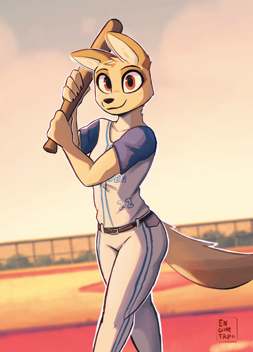 2022 absurd_res anthro baseball_bat bat_(object) canid clothed clothing day digital_media_(artwork) enginetrap female fully_clothed head_tuft hi_res light lighting looking_at_viewer mammal outside shaded signature smile solo tuft // 2240x3115 // 2.5MB
