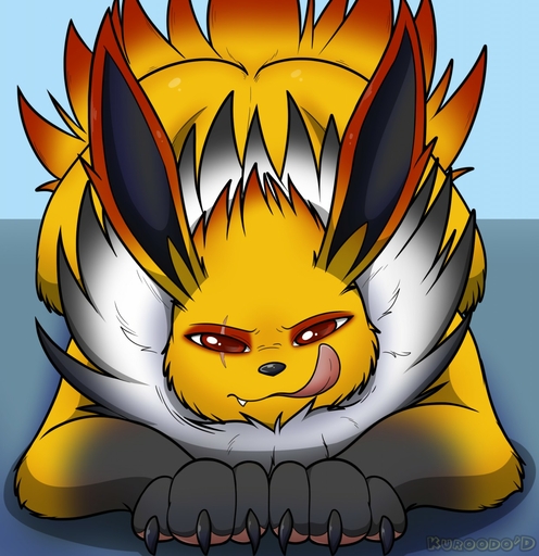 2016 alternate_color ass_up big_ears black_body black_fur black_nose claws digital_media_(artwork) eeveelution eye_scar facial_scar fan_character fangs feral flux_the_jolteon front_view fur generation_1_pokemon gloves_(marking) hi_res jolteon kuroodod licking licking_lips licking_own_lips long_ears looking_at_viewer lying male markings multicolored_body multicolored_fur on_front pink_tongue pokemon_(species) red_body red_eyes red_fur red_tail scar self_lick signature simple_background solo tongue tongue_out two_tone_tail video_games white_body white_fur yellow_body yellow_fur yellow_tail // 1240x1280 // 267.0KB