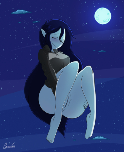 2019 5_toes animated blush bottomless butt cartoonsaur clothed clothing eyes_closed feet female floating genitals hi_res hoodie humanoid_pointy_ears marceline_abadeer night not_furry outside pussy short_playtime solo toes topwear vampire // 982x1200 // 9.2MB