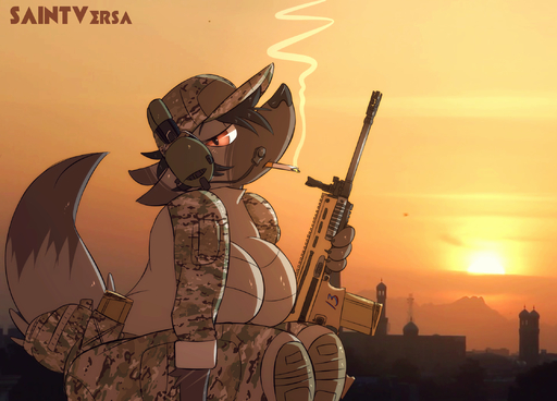anthro assault_rifle big_breasts biped breasts camo canid canine cigarette clothed clothing desert female fn_scar fur gun hi_res holding_gun holding_object holding_weapon looking_at_viewer mammal military photo_background ranged_weapon rifle saintversa scar-h sitting smoking soldier solo sunset tactical warrior weapon // 2237x1606 // 2.5MB