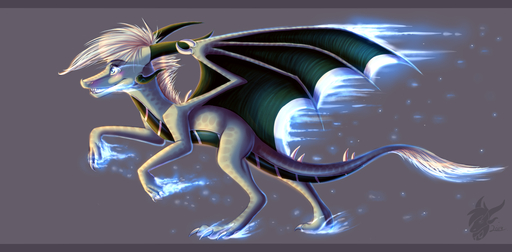 2014 claws digital_media_(artwork) dragon feral grey_background hair horn letterbox membrane_(anatomy) membranous_wings scalie simple_background skaydie solo standing western_dragon white_hair wings // 1598x785 // 807.3KB