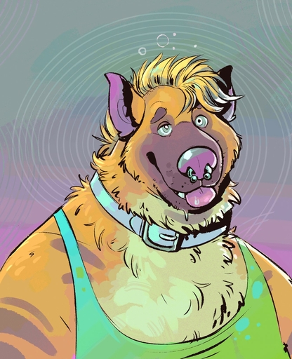 2020 anthro clothing collar dramamine facial_piercing hi_res hyaenid hypnosis male mammal mind_control nose_piercing nose_ring piercing ringed_eyes shirt smile solo submissive submissive_male tank_top tongue tongue_out topwear // 1041x1280 // 280KB