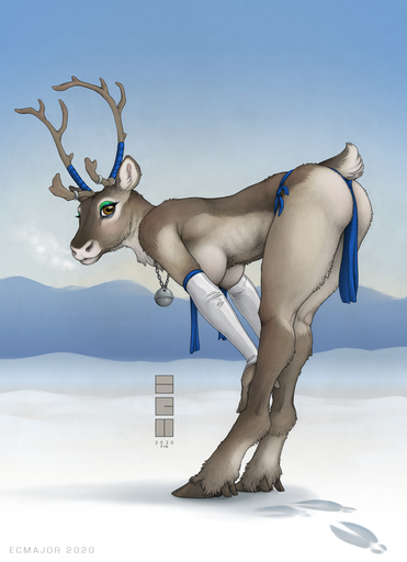 2020 anthro antlers bell bell_collar bent_over bottomwear breasts brown_eyes butt capreoline cervid clothed clothing collar day detailed_background ecmajor eyelashes eyeshadow female fingers furgonomics green_eyeshadow hi_res hooves horn horn_wraps jewelry loincloth looking_at_viewer makeup mammal necklace nipples outside reindeer short_tail sky solo topless // 1045x1444 // 1.5MB