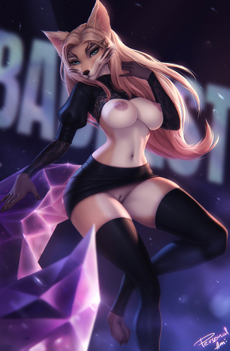 3_toes 5_fingers accessory ahri_(lol) anthro anthrofied areola big_breasts black_clothing blonde_hair bottomwear breasts canid canine clothed clothing feet female fingers fox fur genitals hair hair_accessory hi_res league_of_legends legwear long_hair looking_at_viewer mammal navel nipples partially_clothed peach_pussy personalami pussy riot_games skirt solo tan_body tan_fur tan_hair thigh_highs toes video_games // 850x1300 // 462.7KB