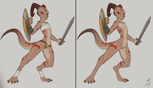 2019 alternate_version_at_source anthro casual_nudity chest_wraps clothed clothing countershading female flat_chested foot_wraps genitals hi_res holding_object holding_shield holding_sword holding_weapon horn kobold melee_weapon nude offon pose pussy scalie shield solo sword tan_body thong underwear w4g4 weapon wraps // 2634x1530 // 195.8KB