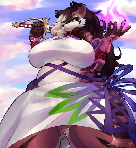 absurd_res anthro canid canine clothed clothing curvy_figure female hi_res looking_at_viewer low-angle_view mammal mature_anthro mature_female melee_weapon navel outside slightly_chubby solo standing sword tharja_(justkindofhere) thick_thighs voluptuous weapon zerolativity // 2944x3200 // 800.6KB