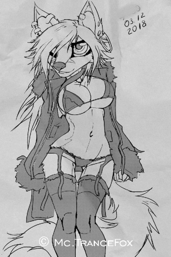 anthro big_breasts bikini breasts canid canine clothed clothing female greyscale macmegagerc mammal monochrome navel sandra_(macmegagerc) sketch smile solo standing swimwear under_boob wide_hips // 533x800 // 173.9KB