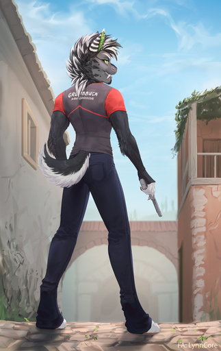 2019 anthro clothed clothing day detailed_background digital_media_(artwork) felid feline green_eyes grum_(grumbbuck) hi_res holding_object holding_weapon looking_back lynncore machairodontine male mammal outside paws sky smile solo weapon // 807x1280 // 998.8KB