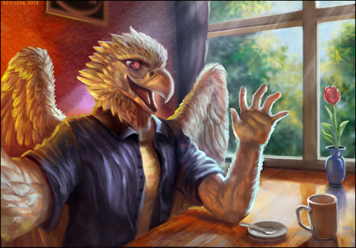 2018 anthro avian beak beverage bird clothing coffee digital_media_(artwork) feathered_wings feathers flower furniture gesture plant red-izak red_eyes rose_(flower) shirt t-shirt table topwear twstacker_(character) waving white_body white_feathers wings // 1004x701 // 916.3KB
