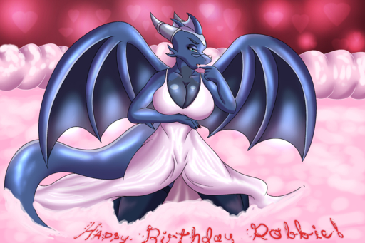 absurd_res anthro big_breasts blue_body breasts cake cleavage clothed clothing dessert dragon dress eyewear female food glasses hi_res robthehoopedchipmunk solo tulip_(rthc) // 7087x4724 // 18.6MB