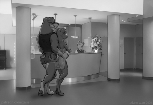 anthro canid canine canis clothed clothing domestic_dog duo female fur larger_male male malefemale mammal mastiff molosser monochrome rottweiler size_difference smaller_female zaush // 1400x969 // 314.0KB