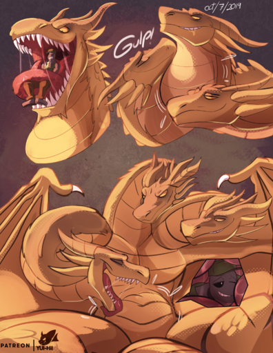 2019 abdominal_bulge belly bodily_fluids dragon feral godzilla_(series) hi_res horn human hydra internal king_ghidorah larger_feral larger_male licking male male_pred male_prey mammal neck_bulge nuzzling pupils saliva scalie sharp_teeth size_difference slit_pupils smaller_human smaller_male smile swallowing teeth text toho tongue tongue_out vore yellow_eyes yui-hii // 1580x2044 // 4.8MB