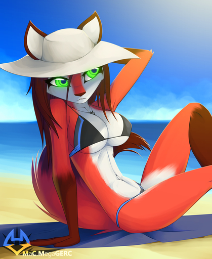 anthro arm_support beach bikini biped breasts brown_hair canid canine clothed clothing cloud detailed_background female fox green_eyes hair hat headgear headwear jewelry macmegagerc mammal navel necklace on_towel outside sand seaside sitting skimpy sky slim solo swimwear towel under_boob // 818x1000 // 569.6KB