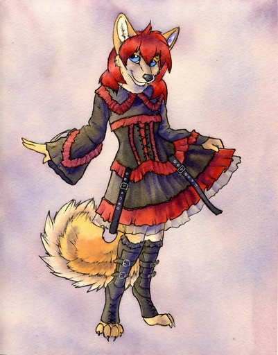 2013 anthro barefoot biped blue_eyes canid canine claws clothed clothing corsac_fox digitigrade dress feet female fluffy fluffy_tail fox fully_clothed fur hair kitsune_suzzo lacing legwear looking_at_viewer mammal pose red_hair ruaidri simple_background smile solo standing traditional_media_(artwork) whiskers white_background white_body white_fur // 761x972 // 130.0KB