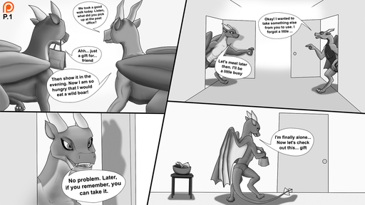 16:9 2021 black_and_white clothing comic dialogue door dragon duo ears_back english_text food fruit furniture hi_res horn male mammal manfromearth membrane_(anatomy) membranous_wings monochrome package paws pivoted_ears plant scalie smile table text underwear western_dragon widescreen wings // 1600x900 // 500.9KB