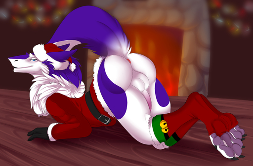 all_fours anus ass_up balls bell blue_eyes butt christmas christmas_clothing christmas_headwear clothing costume fireplace fur genitals hat headgear headwear hi_res holidays jingle_bell looking_at_viewer looking_back male multicolored_body multicolored_fur omez penis presenting presenting_hindquarters purple_body purple_fur rear_view santa_costume santa_hat sergal solo tikk white_body white_fur // 3000x1972 // 2.2MB