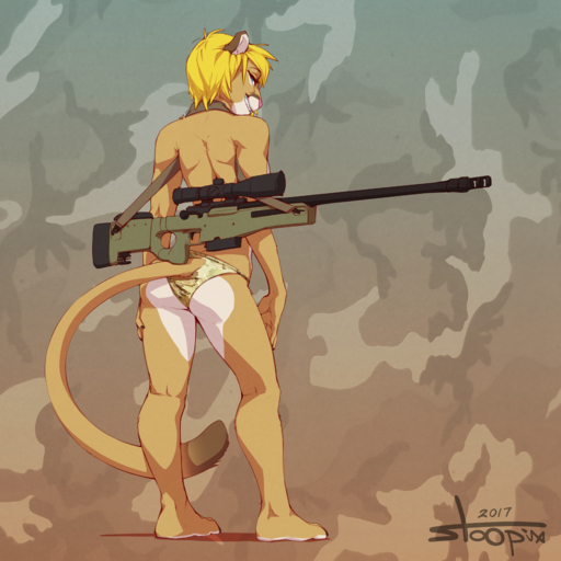 1:1 absurd_res anthro awp awsm blonde_hair clothing cougar felid feline female gun hair hi_res mammal panties ranged_weapon rifle samantha_von_braun solo stoopix underwear weapon // 4320x4320 // 23.8MB
