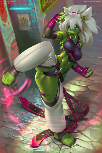 2017 4_toes 5_fingers anthro athletic athletic_anthro athletic_female blue_eyes butt clothed clothing cosplay detailed_background feet felid female fingers hair juri_han mammal midriff miles_df solo spread_legs spreading stirrup_legwear stormbreeze text toes url video_games white_hair // 633x950 // 670.0KB